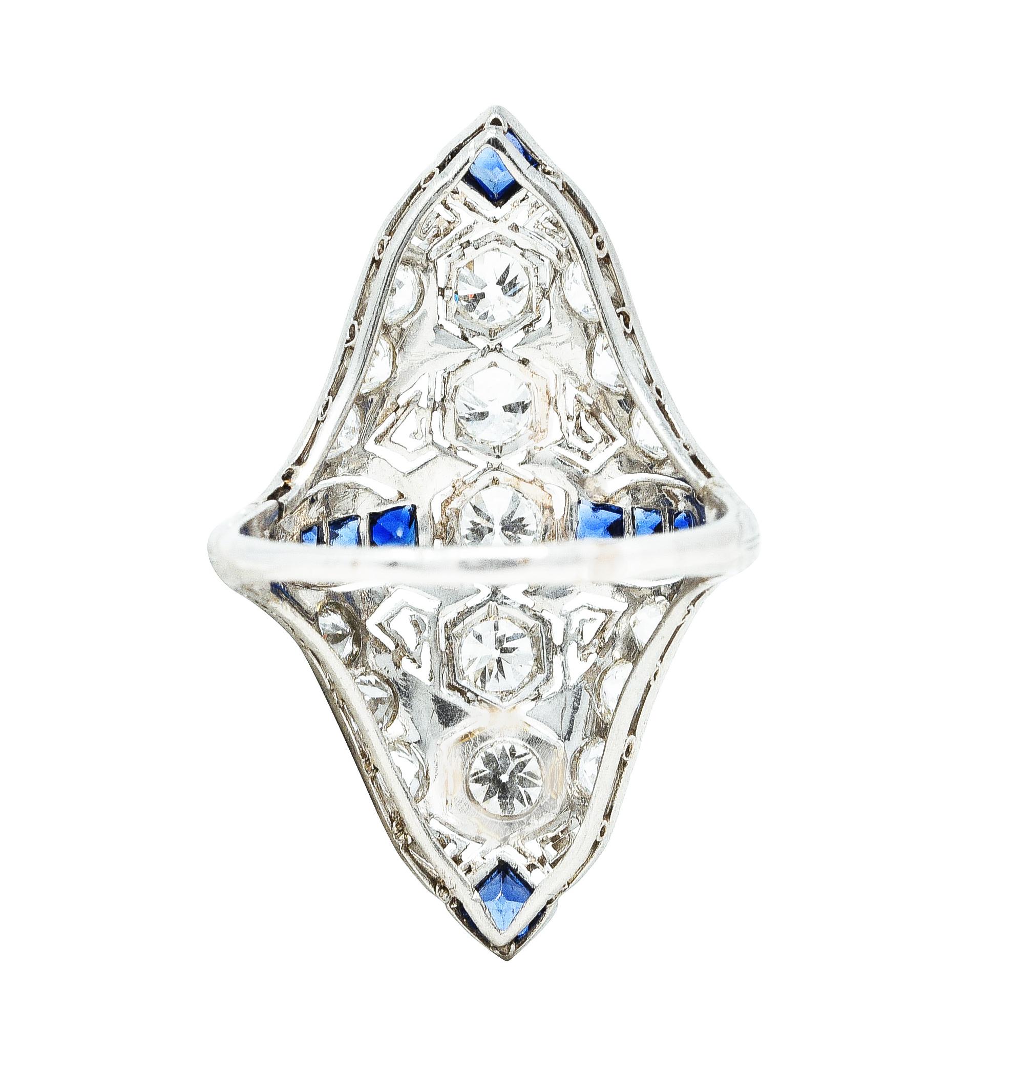 Old European Cut Art Deco Sapphire Diamond Platinum Navette Vintage Dinner Ring