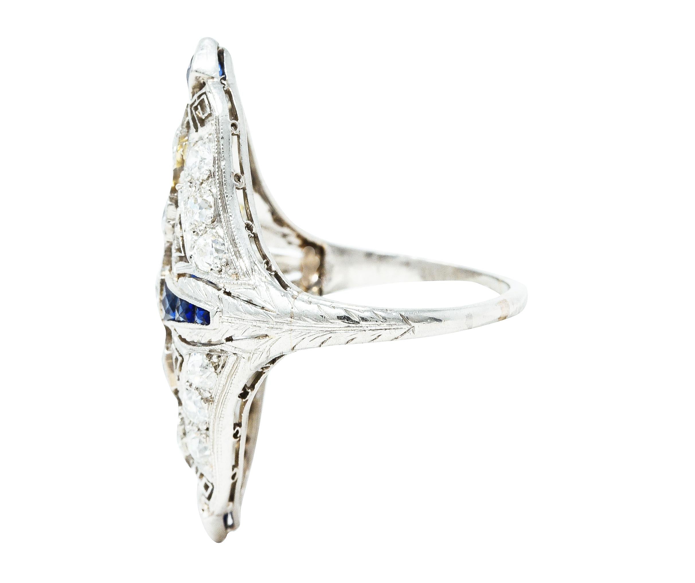 Art Deco Sapphire Diamond Platinum Navette Vintage Dinner Ring In Excellent Condition In Philadelphia, PA