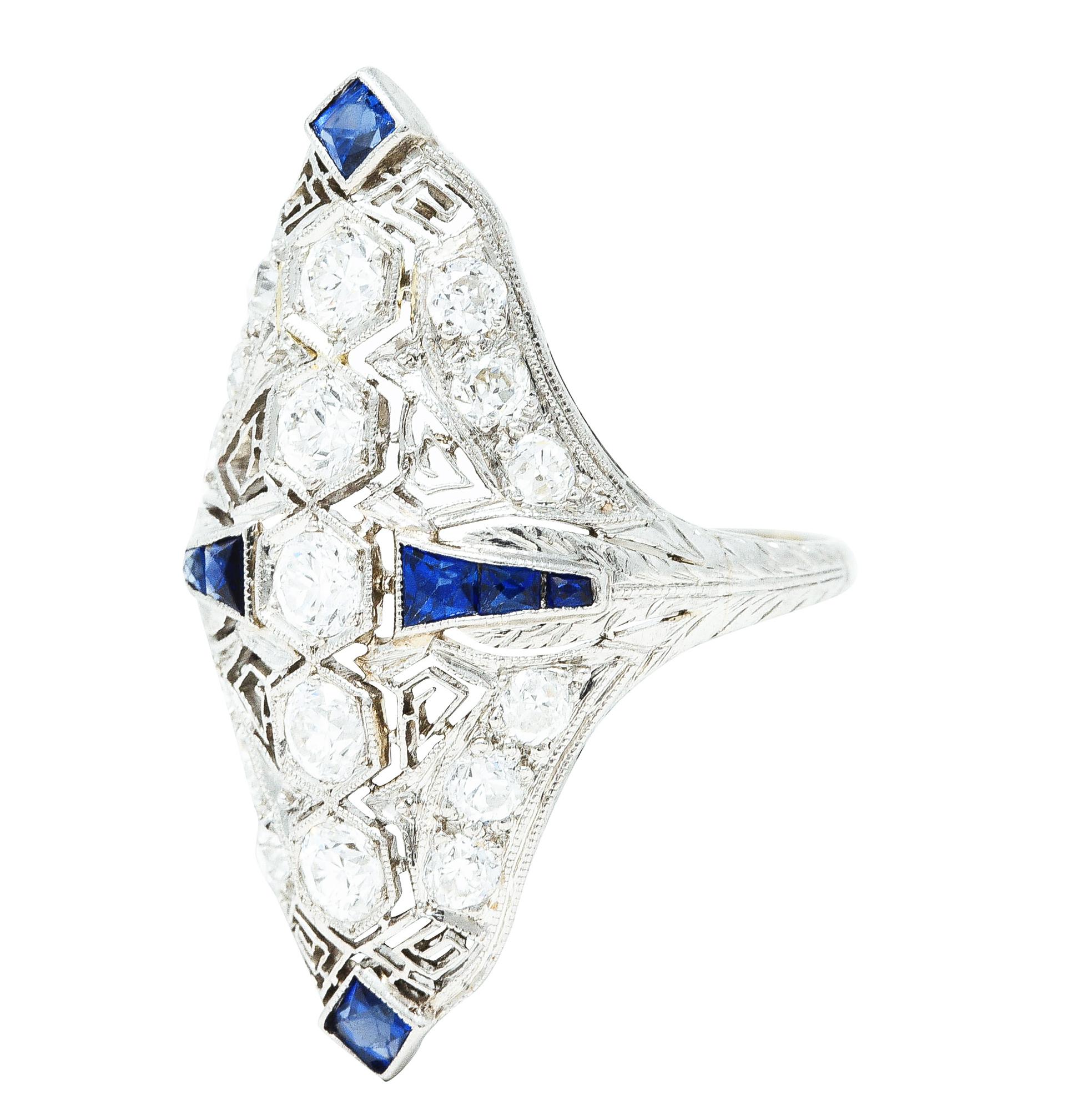 Women's or Men's Art Deco Sapphire Diamond Platinum Navette Vintage Dinner Ring