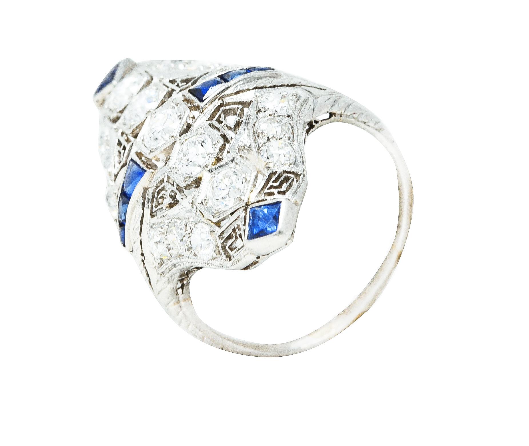 Art Deco Sapphire Diamond Platinum Navette Vintage Dinner Ring 1