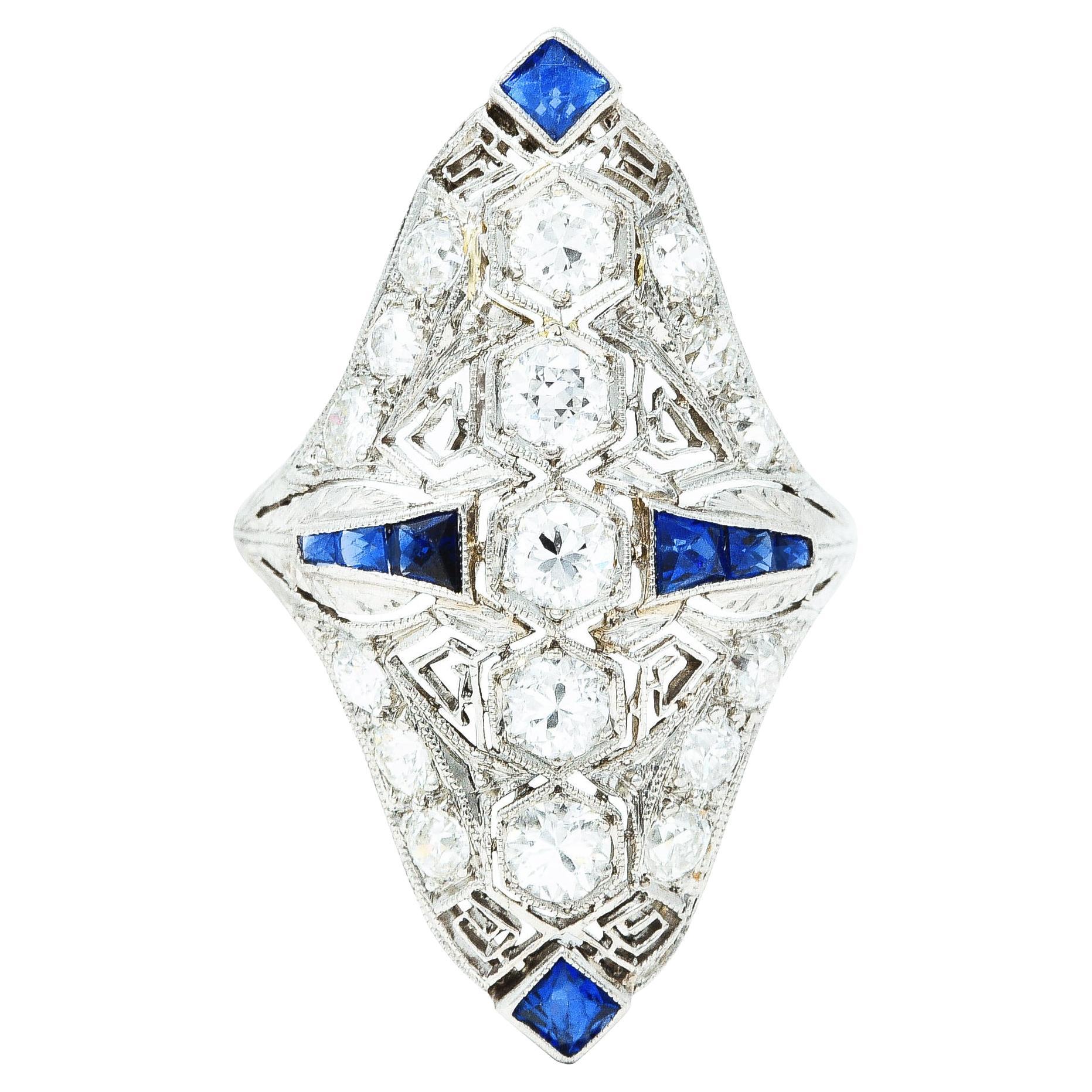 Art Deco Sapphire Diamond Platinum Navette Vintage Dinner Ring