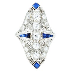 Art Deco Sapphire Diamond Platinum Navette Vintage Dinner Ring