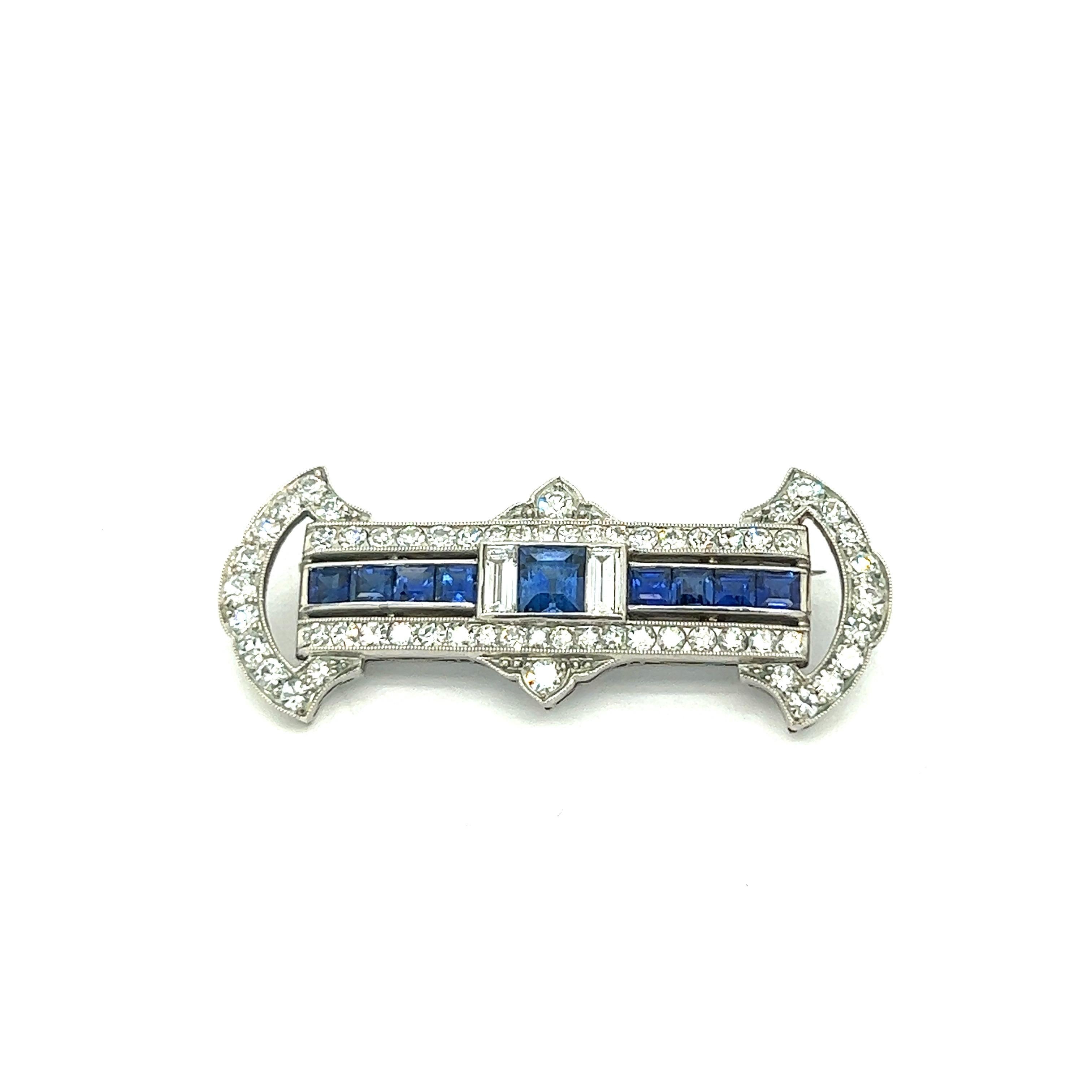 Mixed Cut Art Deco Sapphire Diamond Platinum Pin Brooch For Sale