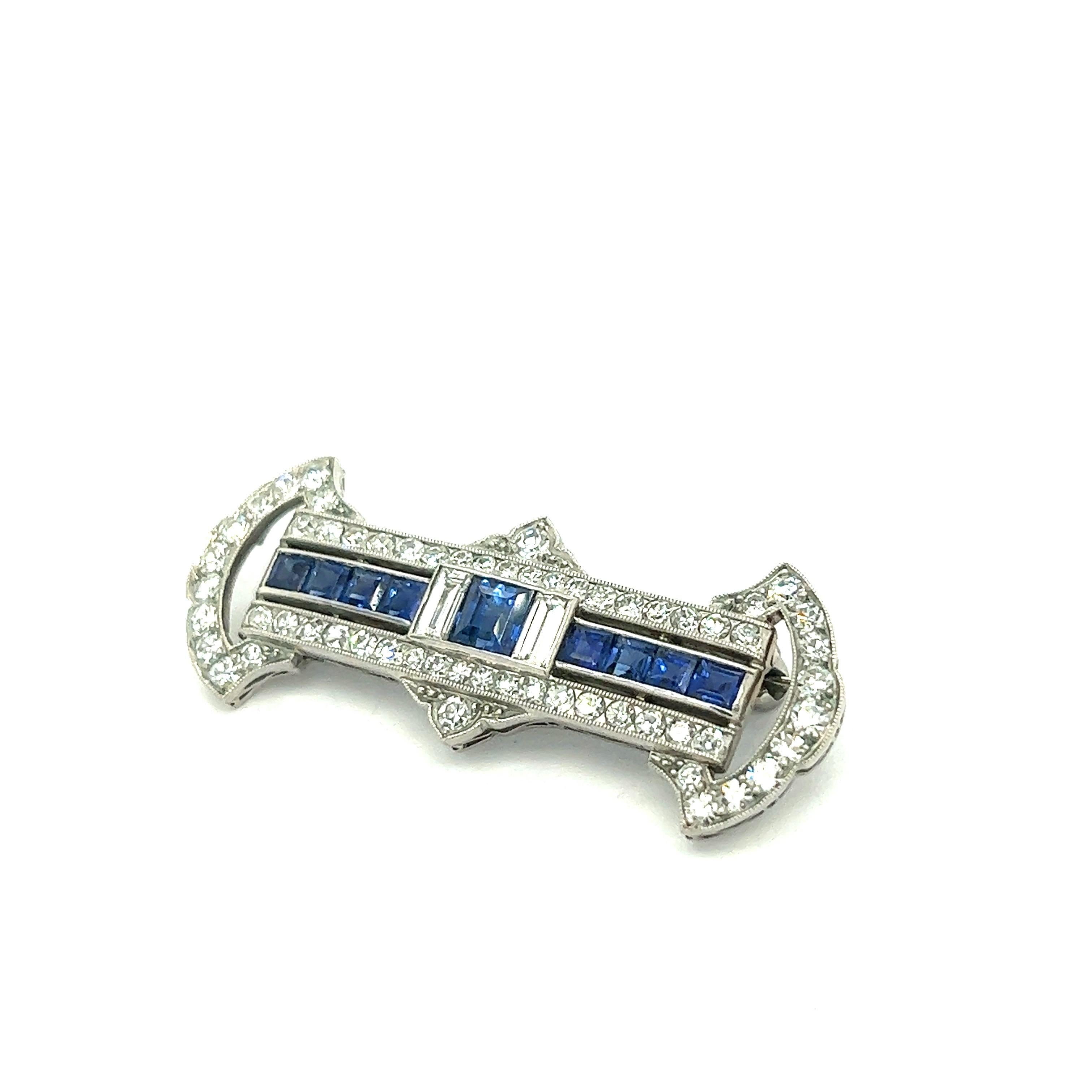 Women's or Men's Art Deco Sapphire Diamond Platinum Pin Brooch For Sale