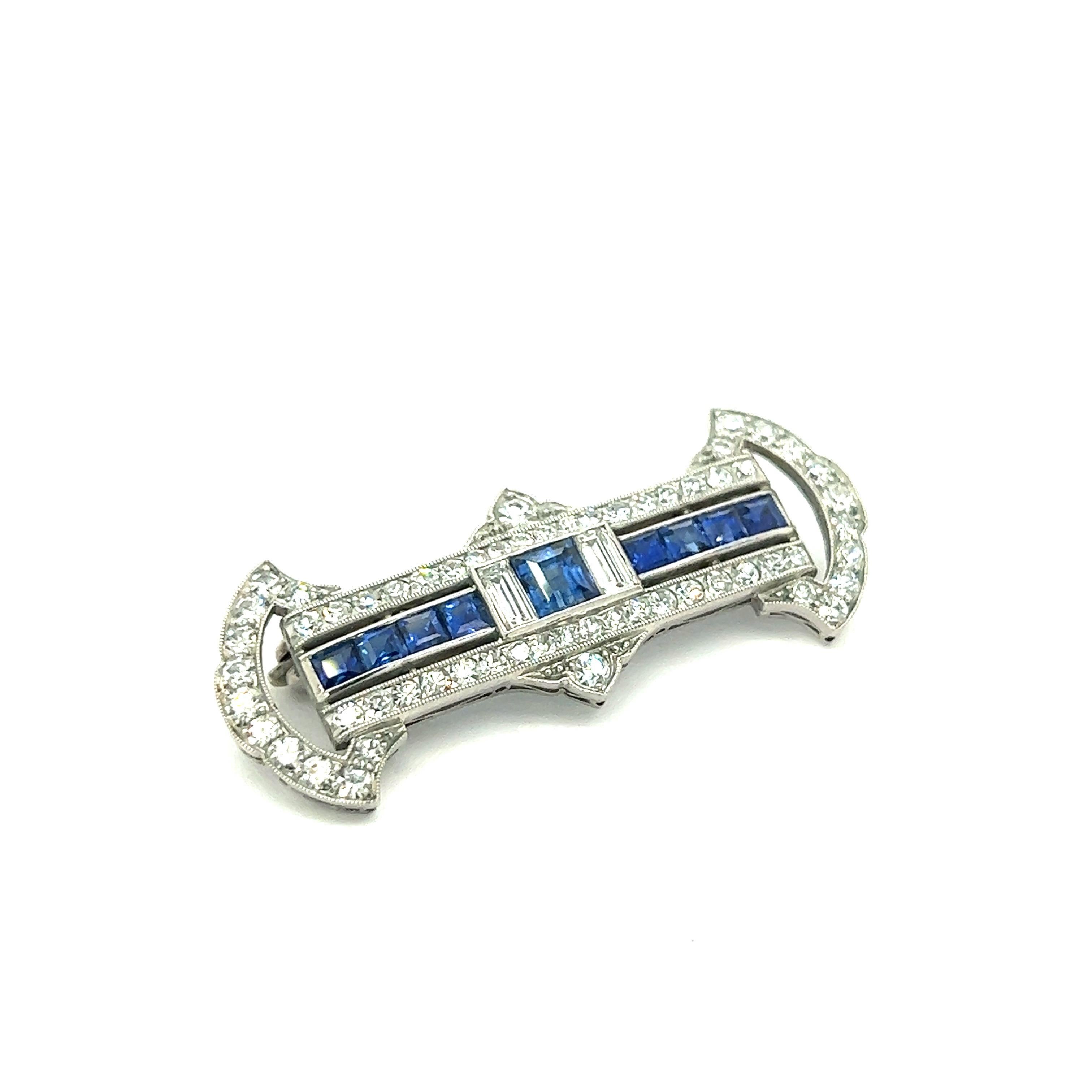 Art Deco Sapphire Diamond Platinum Pin Brooch For Sale 1