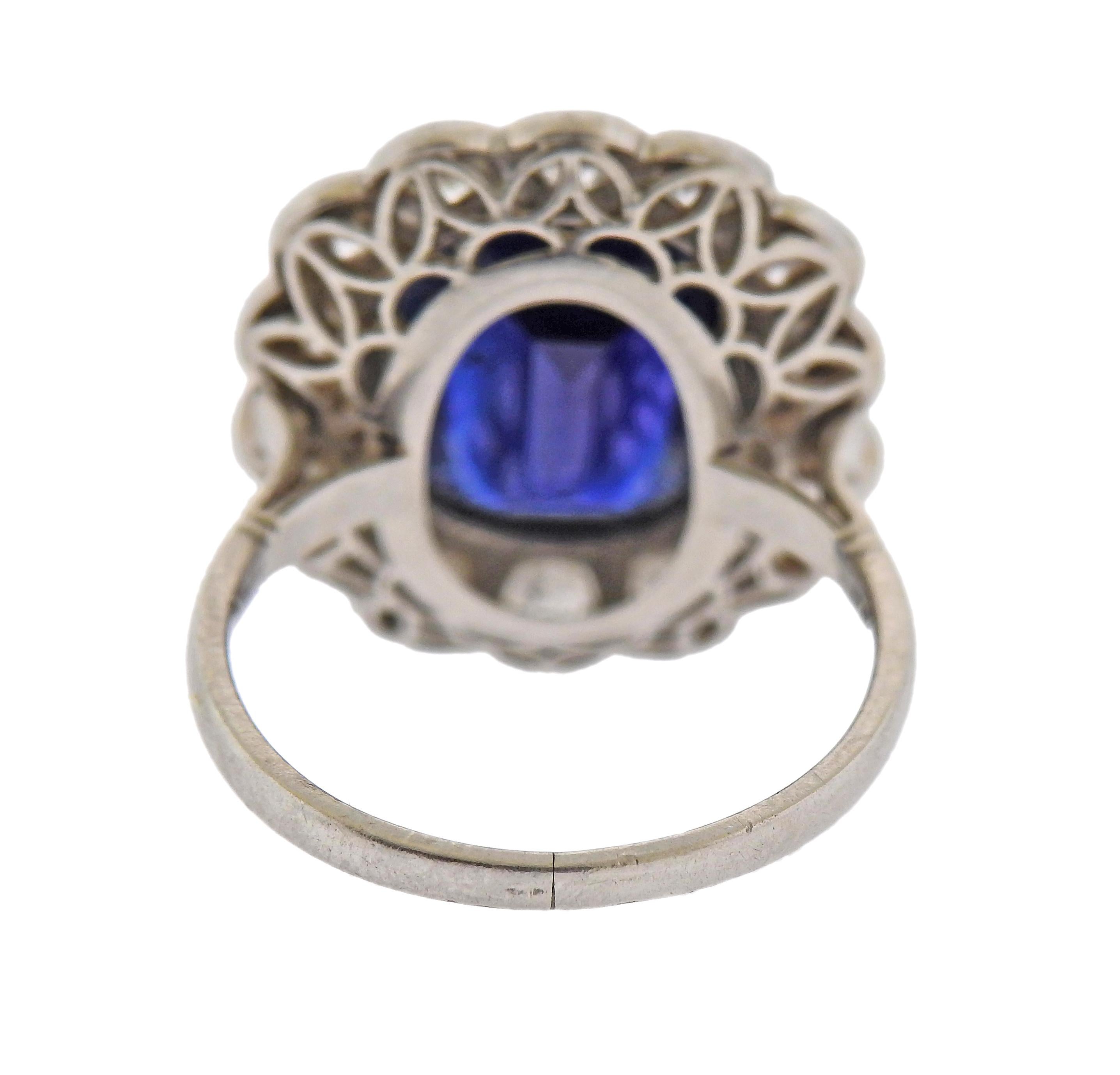 Round Cut Art Deco Sapphire Diamond Platinum Ring For Sale