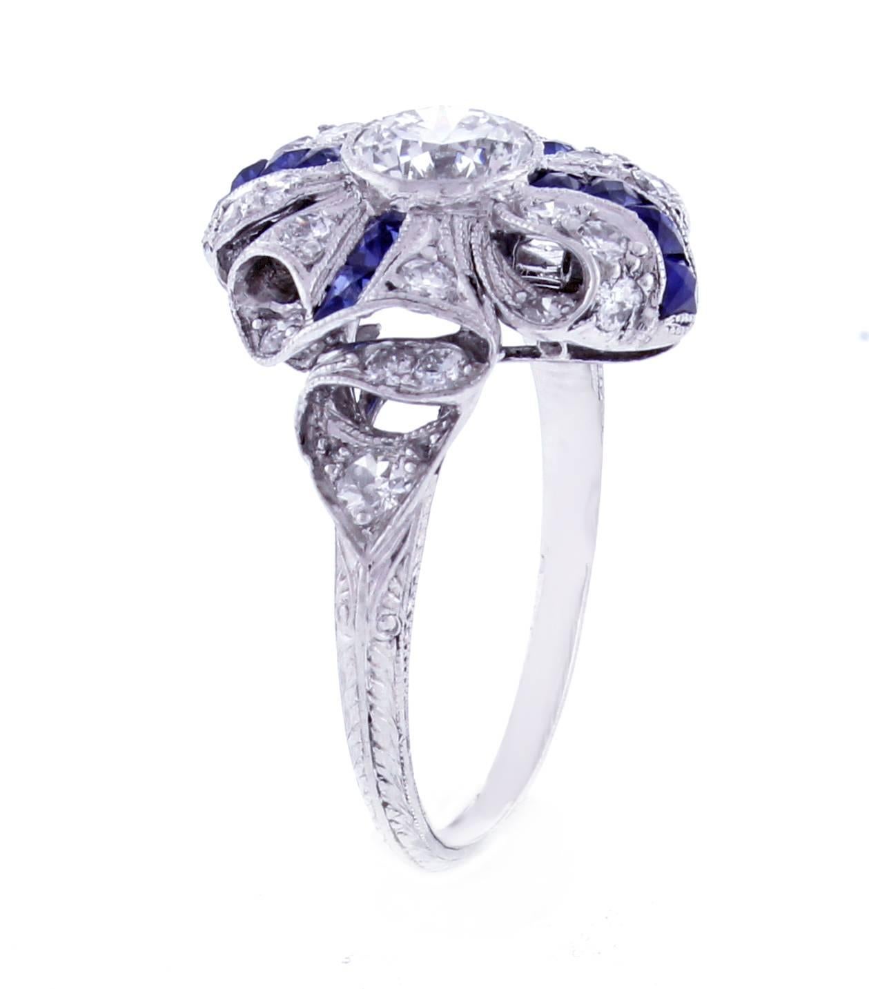 Art Deco Sapphire Diamond Platinum Ring In Excellent Condition In Bethesda, MD