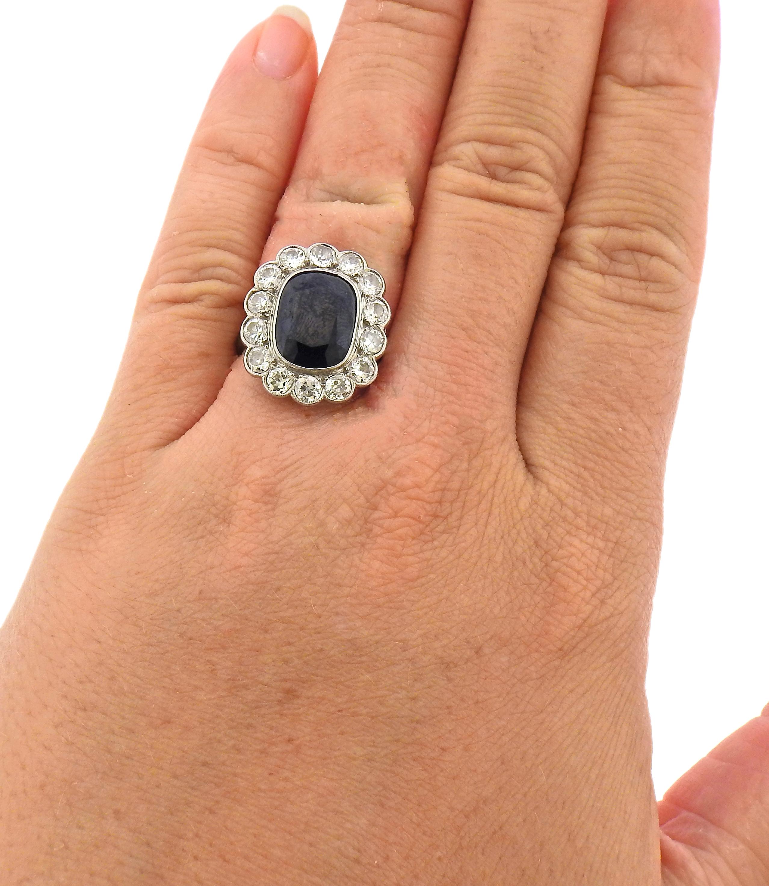 Art Deco Saphir Diamant Platin Ring im Zustand „Hervorragend“ im Angebot in New York, NY
