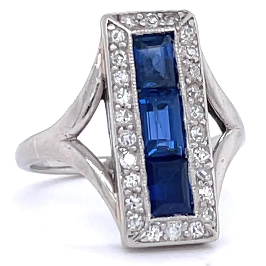 Art Deco Sapphire Diamond Platinum Ring In Excellent Condition In Beverly Hills, CA