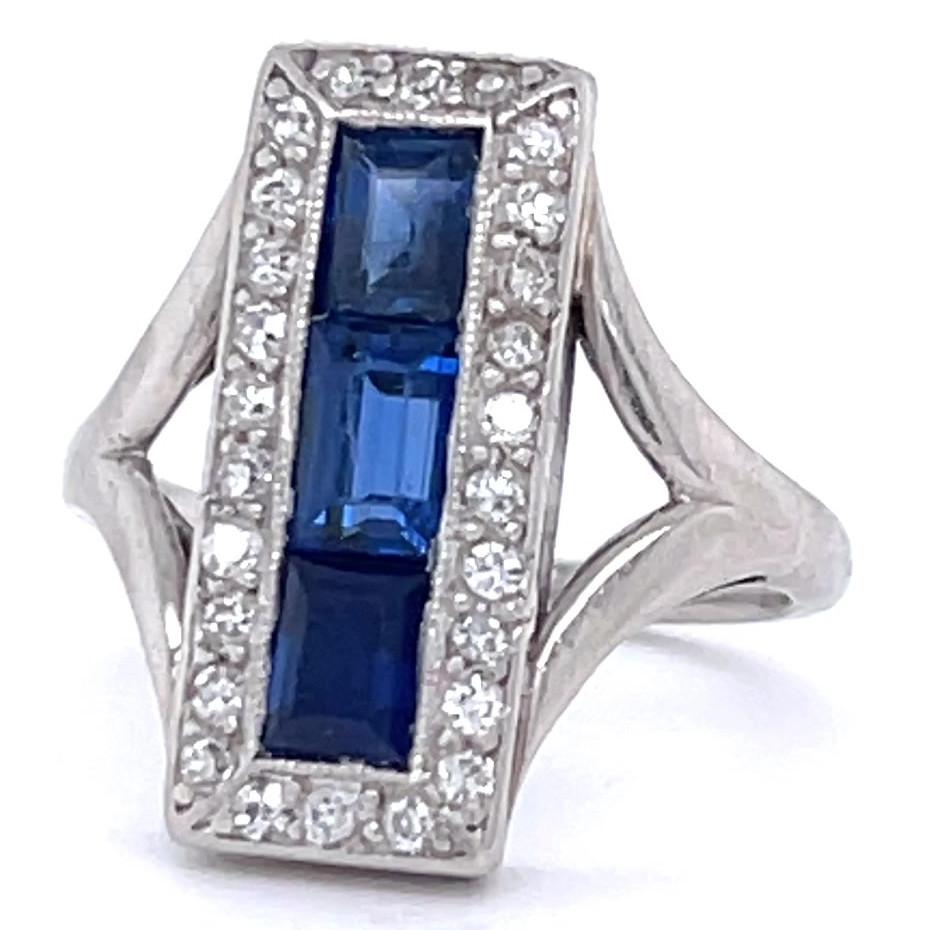 Women's or Men's Art Deco Sapphire Diamond Platinum Ring