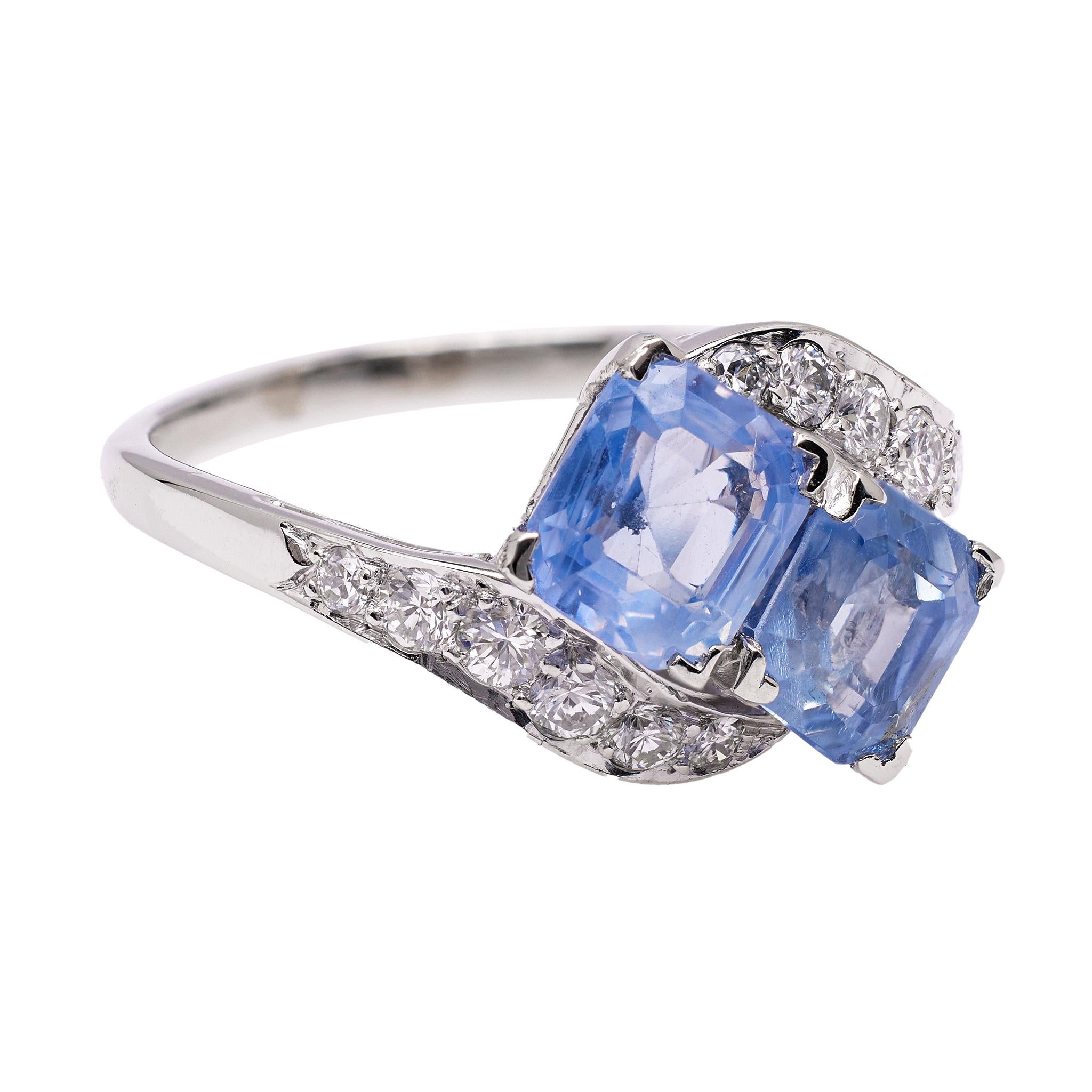 Women's or Men's Art Deco Sapphire Diamond Platinum Toi et Moi Ring