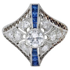 Art Deco Sapphire Diamond Platinum Vintage Zig-Zag Navette Dinner Ring