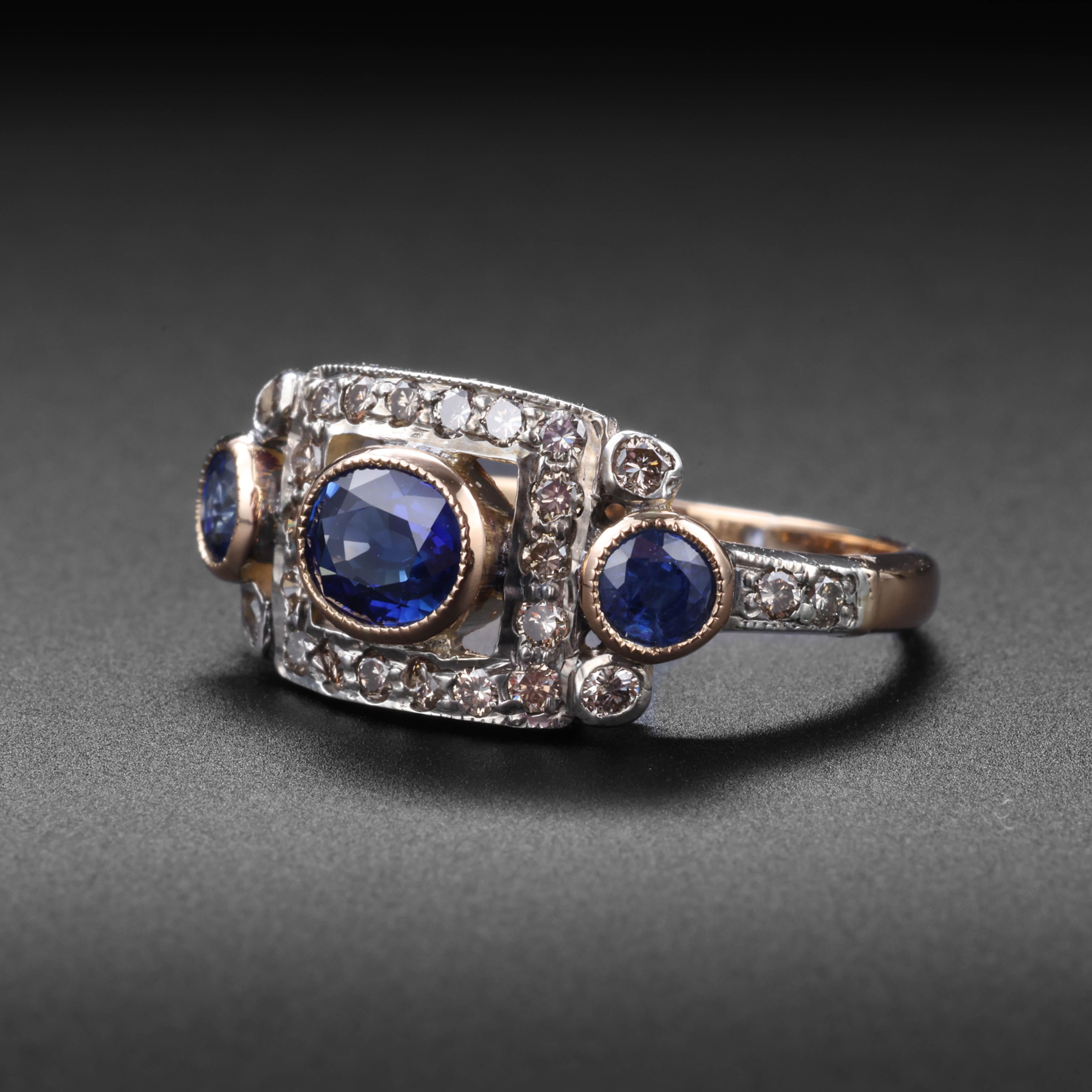 Ring mit Saphiren und Diamanten, zertifizierter Hitze-Only Art Deco  (Ovalschliff) im Angebot