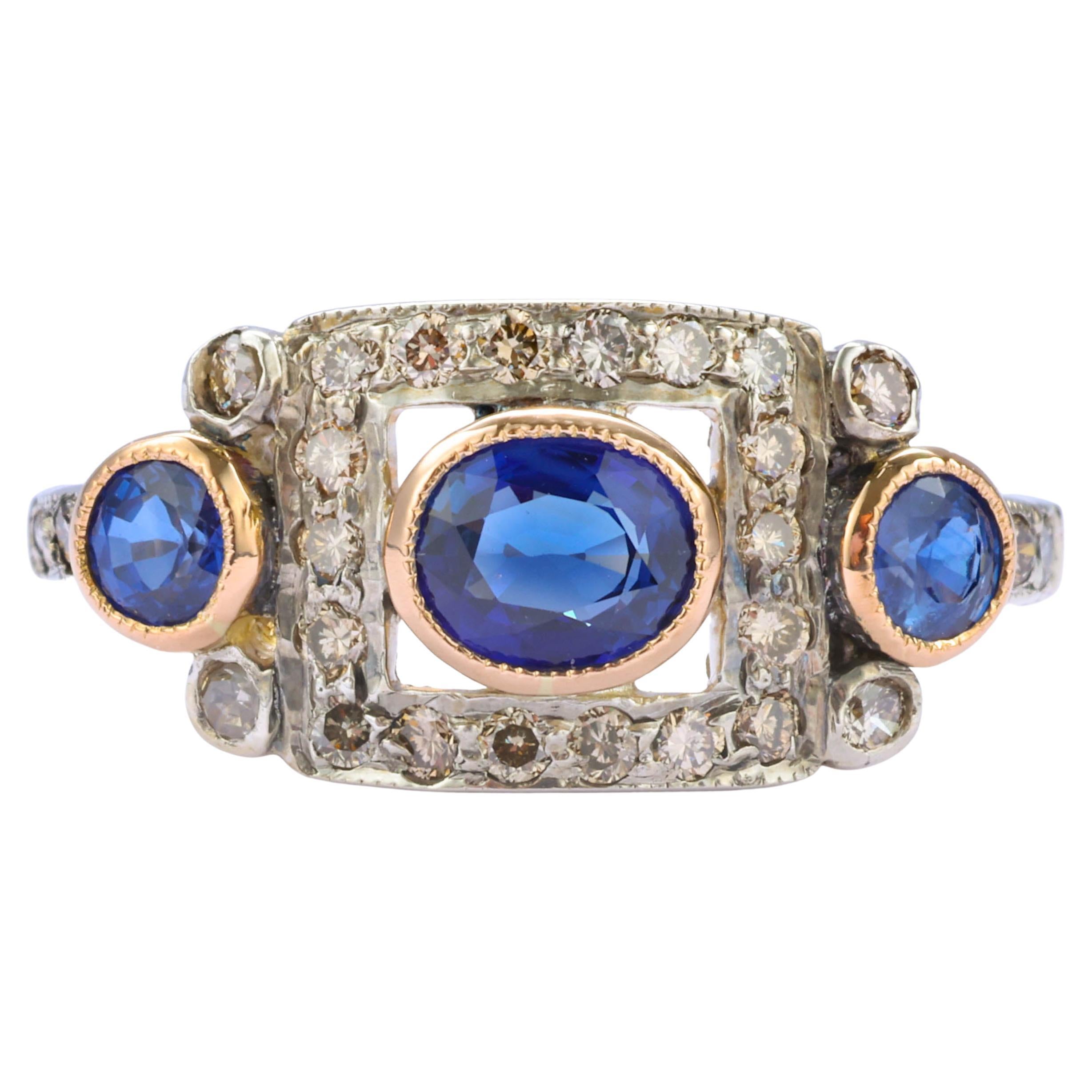 Ring mit Saphiren und Diamanten, zertifizierter Hitze-Only Art Deco 