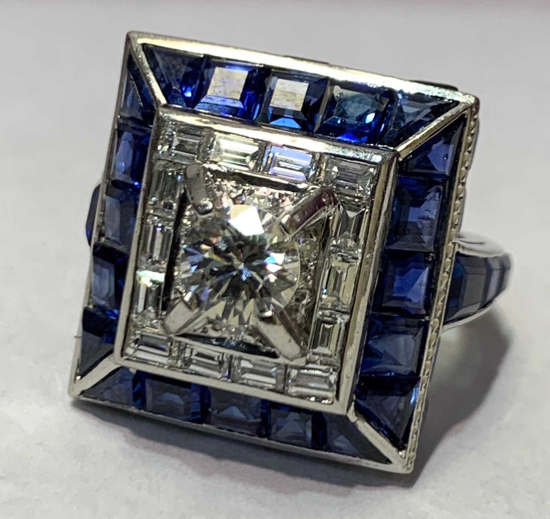 Round Cut Art Deco Sapphire and Diamond Ring