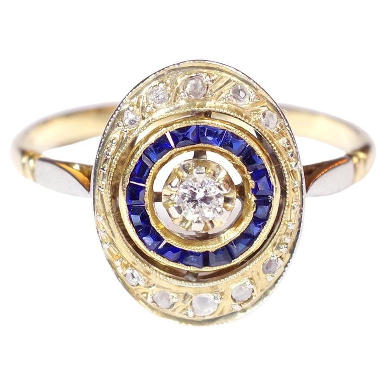 Art Deco sapphire diamond ring in 18 karat yellow gold and platinum For ...
