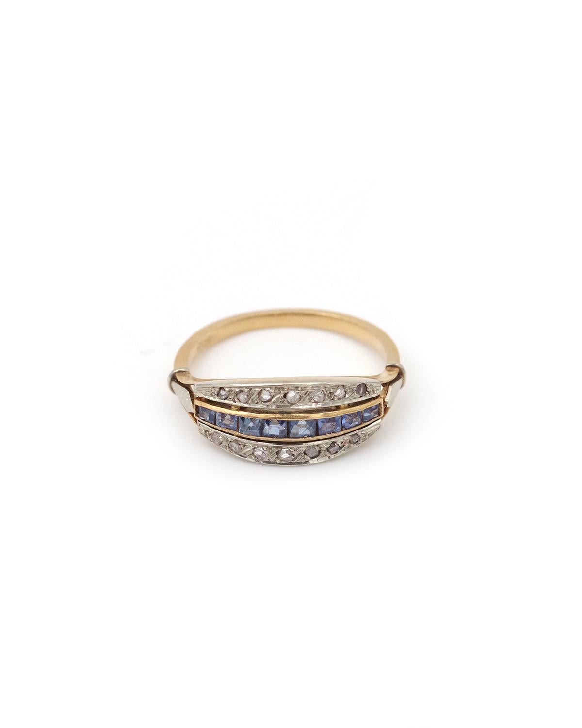 Bague Art Déco saphir diamant en or 18k et platine, Alliance de mariage Bon état - En vente à PARIS, FR