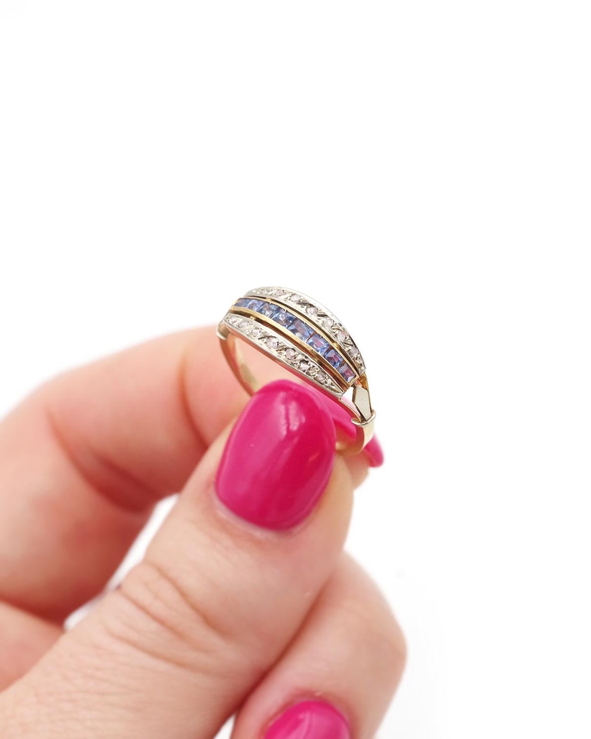 Bague Art Déco saphir diamant en or 18k et platine, Alliance de mariage en vente 1