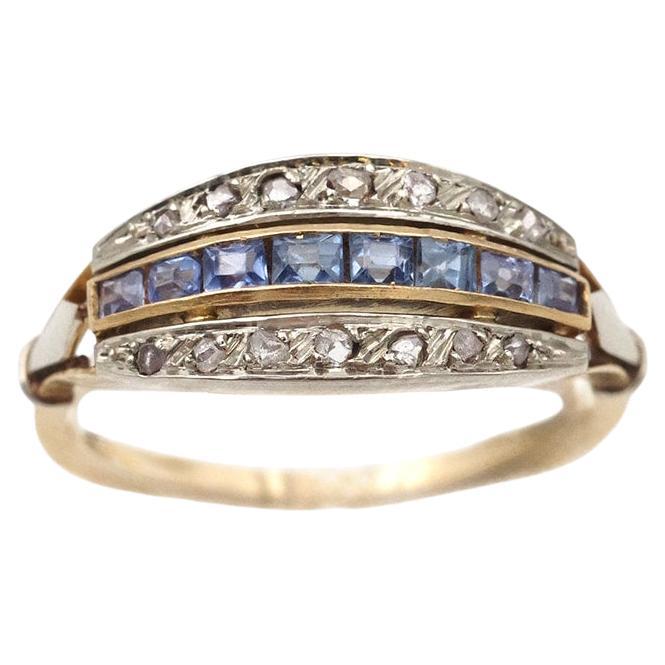 Bague Art Déco saphir diamant en or 18k et platine, Alliance de mariage en vente