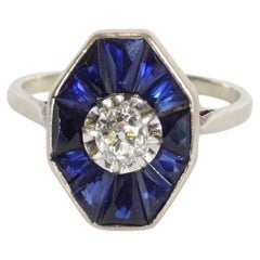 Vintage Art Deco Sapphire diamond ring in 18k gold and platinum, wedding ring