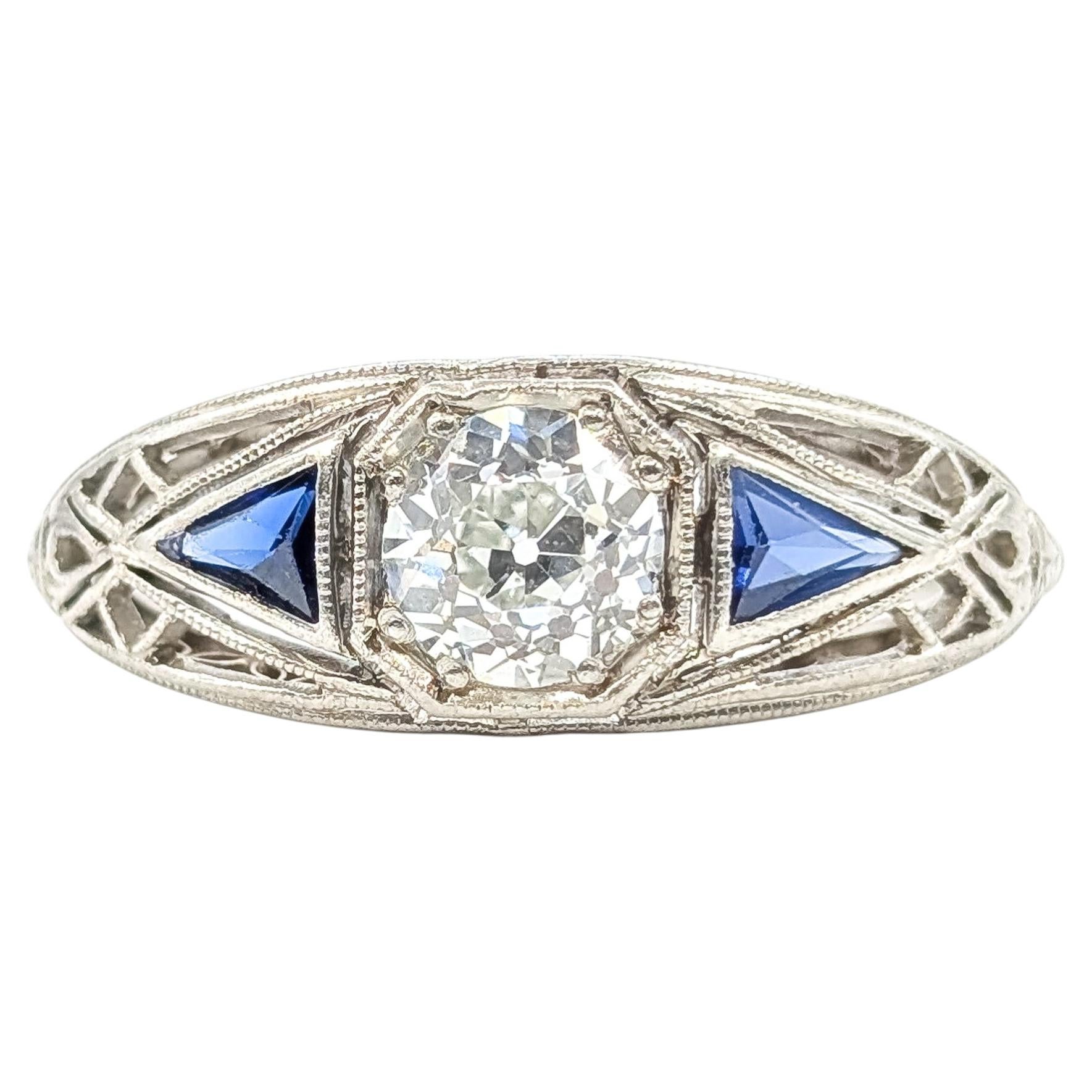 Anello Art Deco con zaffiro e diamante in platino