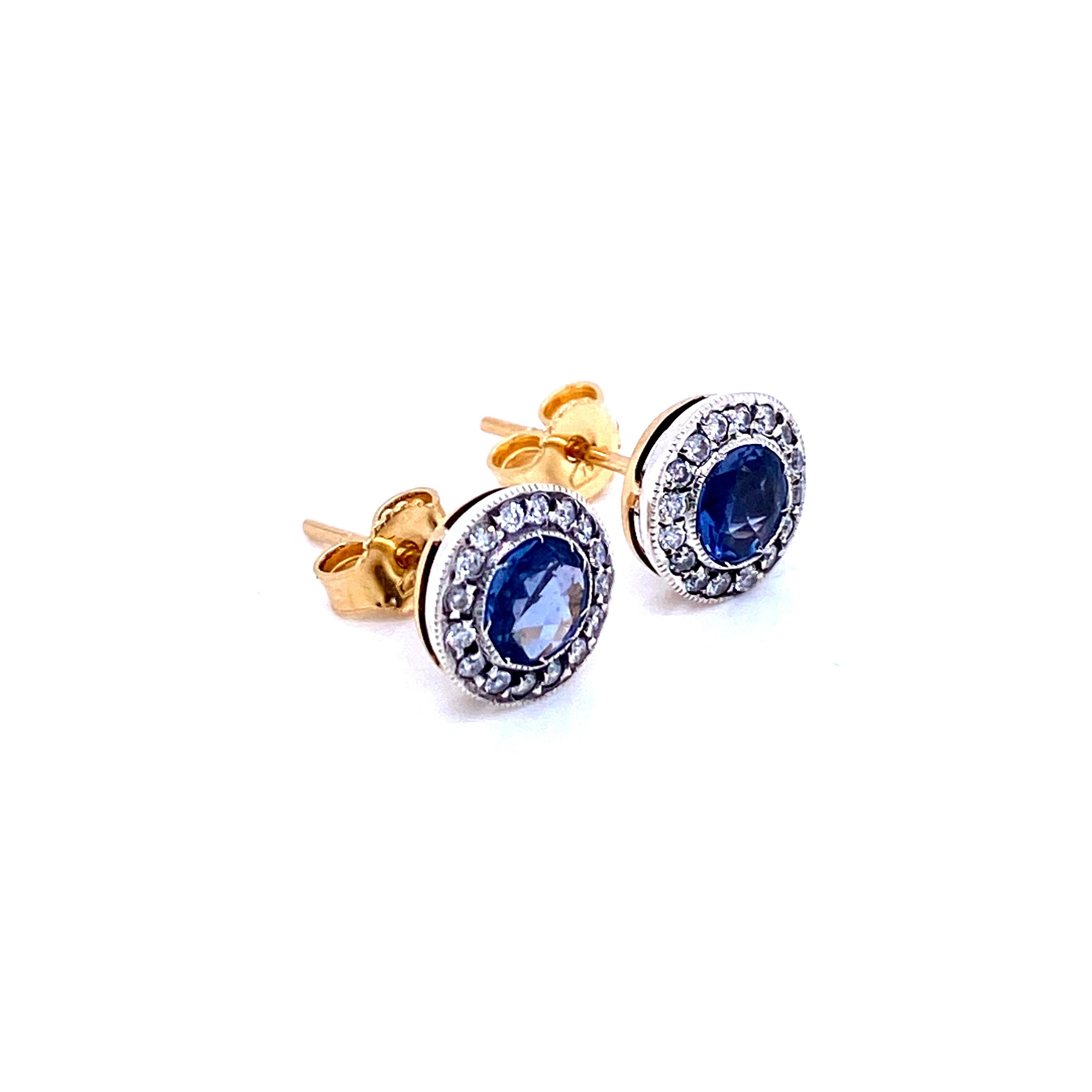 Round Cut Art Deco Sapphire Diamond Stud Earrings