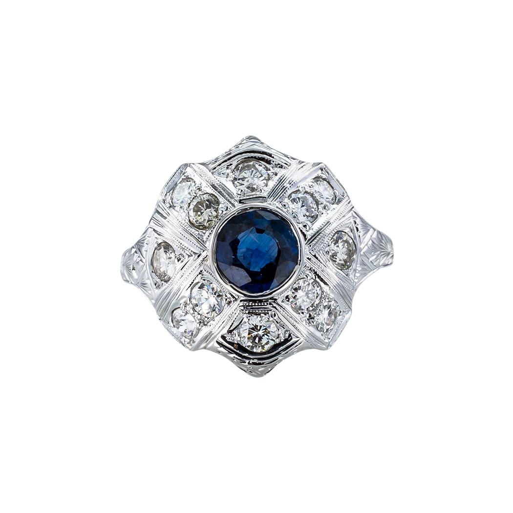 Round Cut Art Deco Sapphire Diamond White Gold Dome Ring