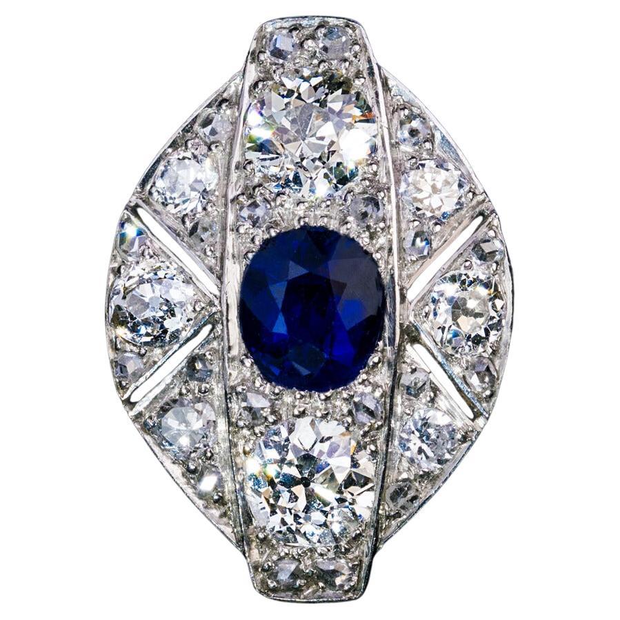 Art Deco Sapphire Diamond White Gold Engagement Ring For Sale