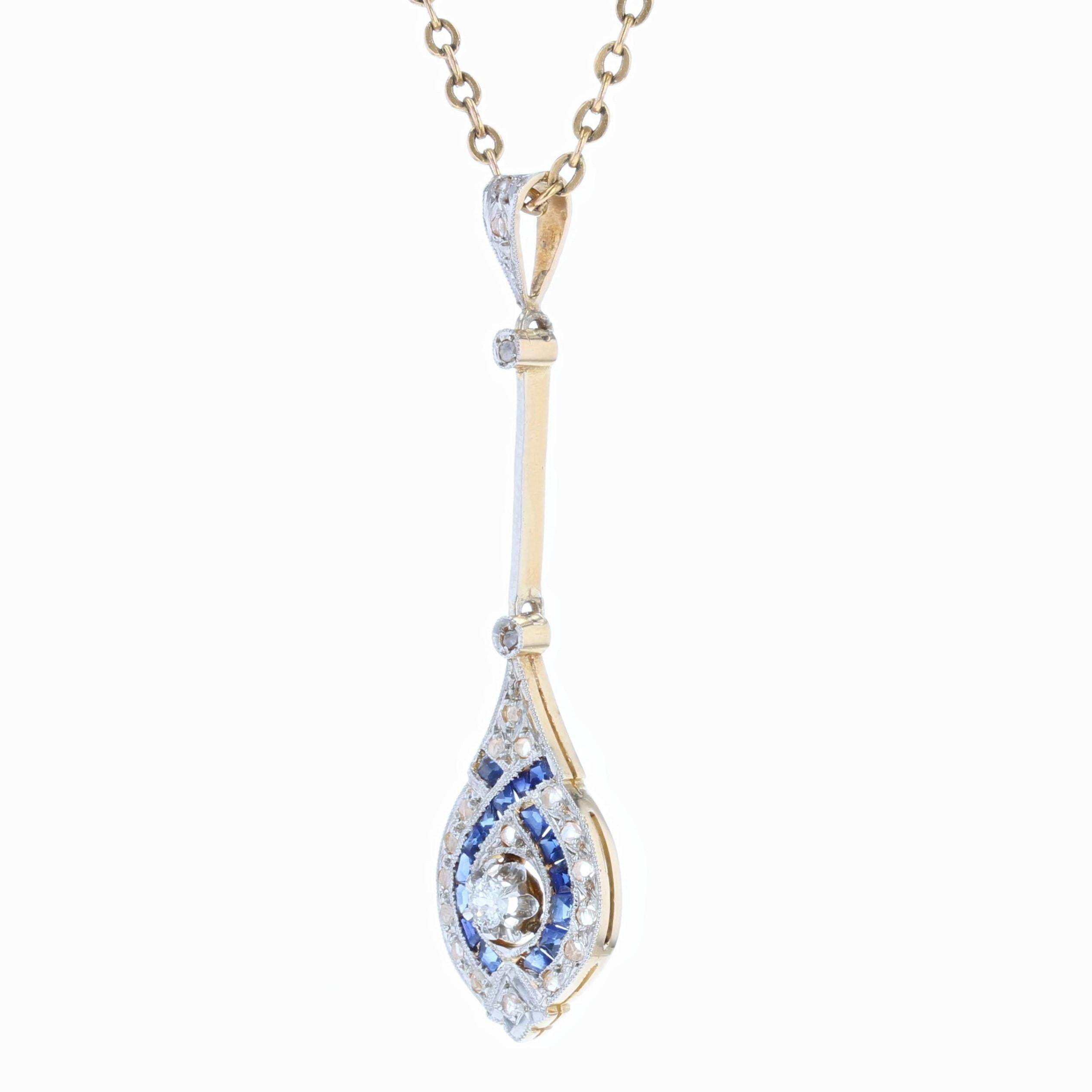 Rose Cut Art Deco Sapphire Diamonds 18 Karat Yellow White Gold Pendant