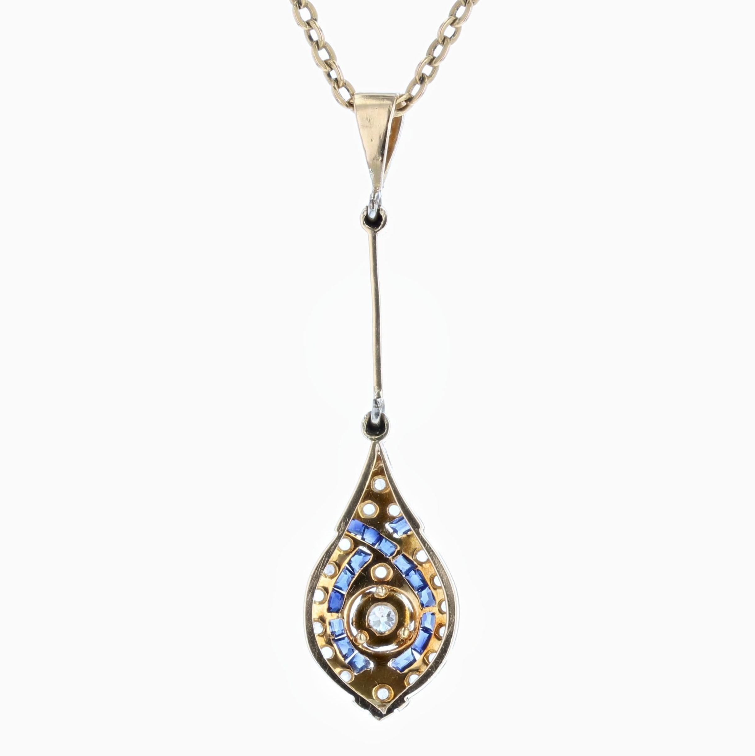 Women's Art Deco Sapphire Diamonds 18 Karat Yellow White Gold Pendant