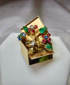 Art Deco Saphir Smaragd Rubin Diamant Blume Brosche Retro Museum Qualität 14K