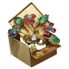 Art Deco Saphir Smaragd Rubin Diamant Blume Brosche Retro Museum Qualität 14K