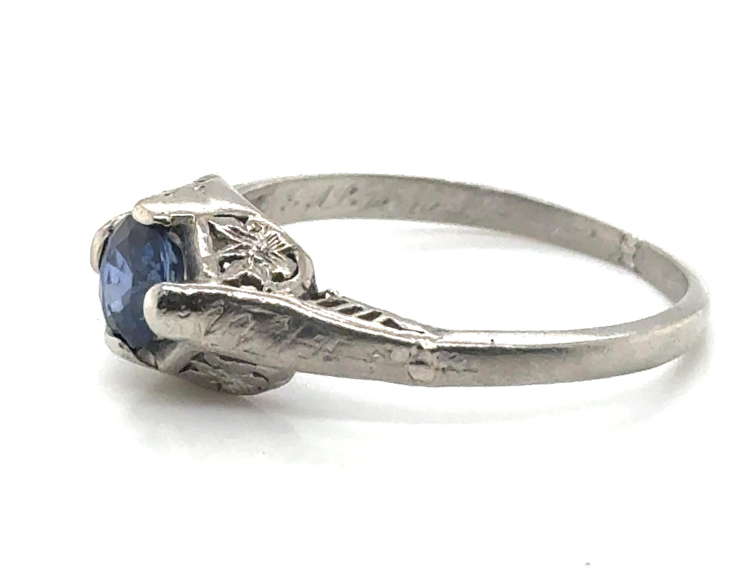 Round Cut Art Deco Sapphire Engagement Ring .70ct Solitaire Platinum Antique Original 1920 For Sale