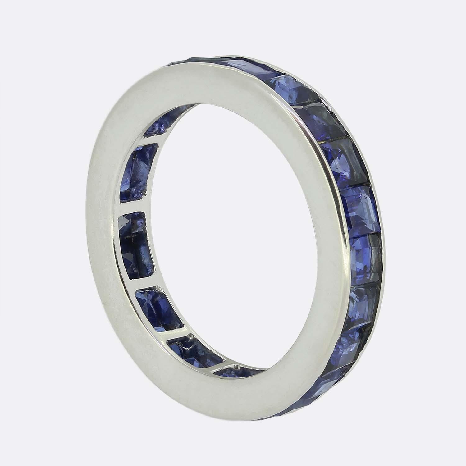 Here we have a marvellous full-eternity ring taken from a time when the Art Deco style was continuing to revolutionise the world of design. This piece has been crafted from platinum with the band playing host to 22 perfectly matched square
