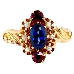Victorian Sapphire Ring Garnet and Seed Pearls Original 1860's White Wile Warner
