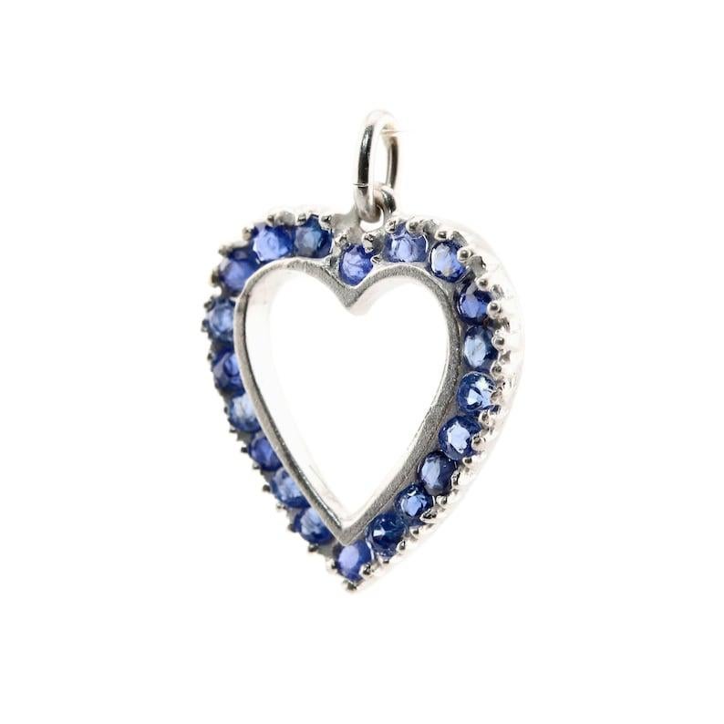 Round Cut Art Deco Sapphire Heart Pendant Charm in Platinum For Sale