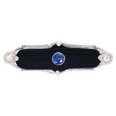Vintage Art Deco Sapphire in Onyx and Diamond Bar Brooch Pin Estate Fine Jewelry
