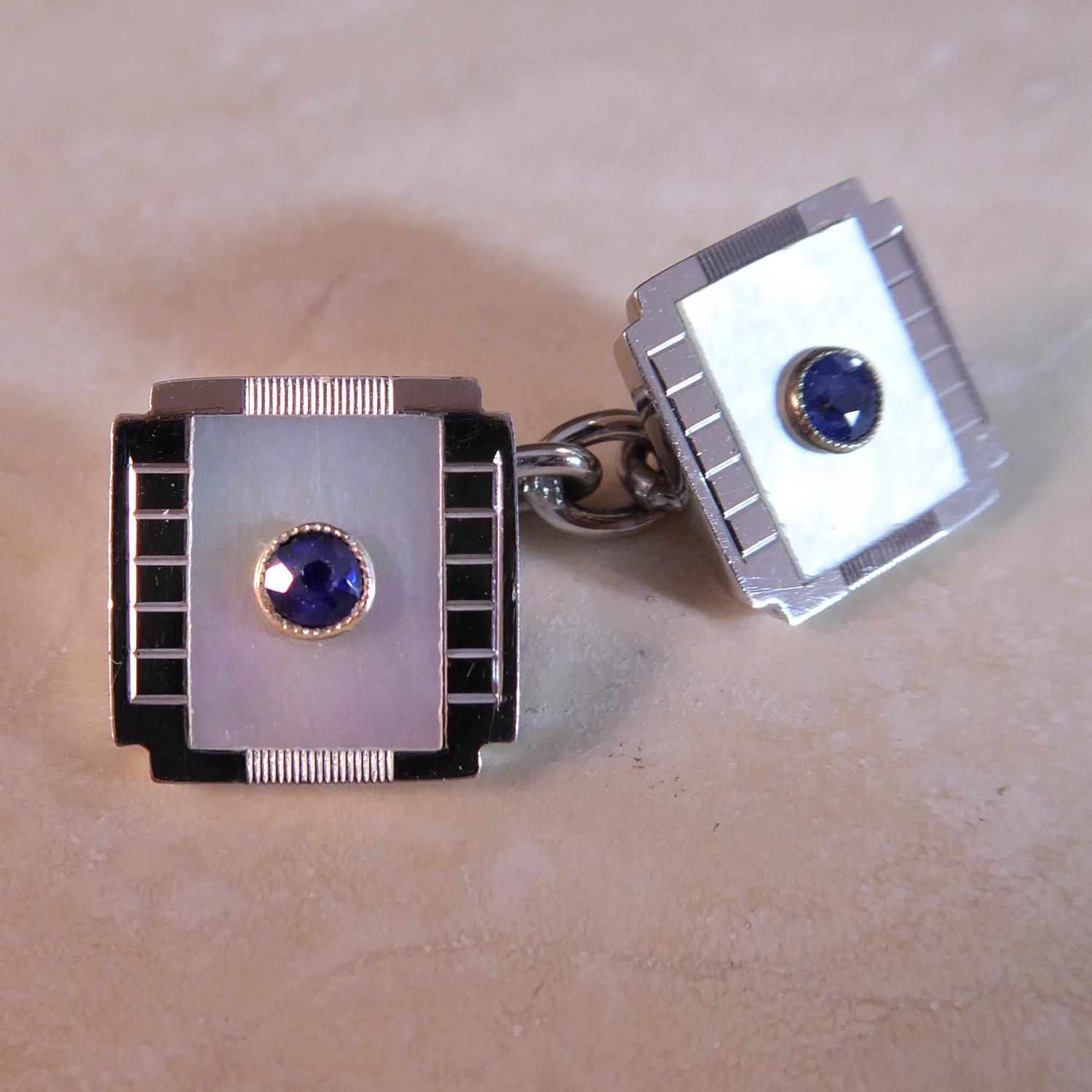 Men's Art Deco Sapphire and Mother of Pearl Cufflinks, White Gold, circa 1920s