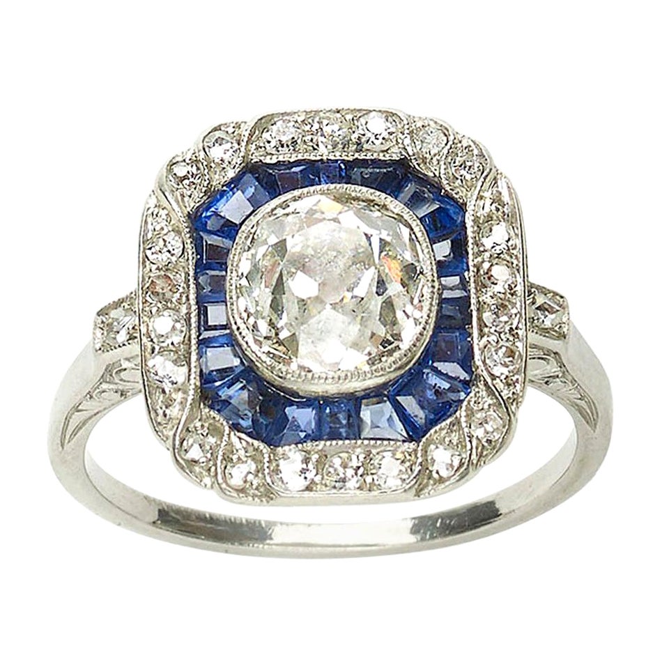 Bague Art déco en saphir, diamants taille ancienne et platine, 1,30 carat