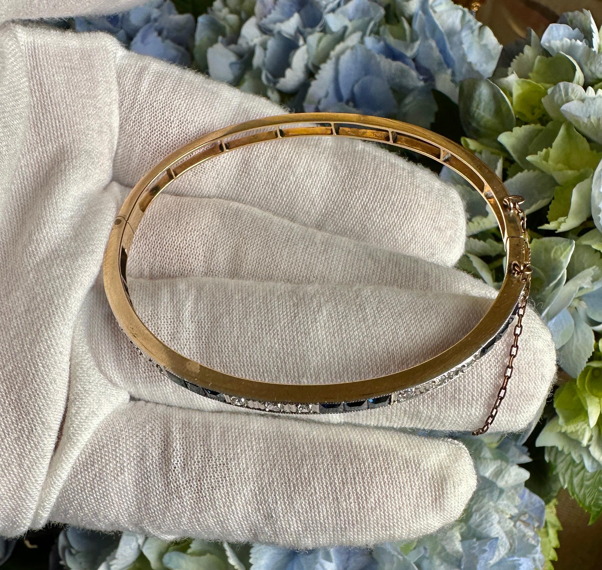 Art Deco Sapphire Old Mine Cut Diamond Bangle Bracelet Antique 14 Karat Gold For Sale 6