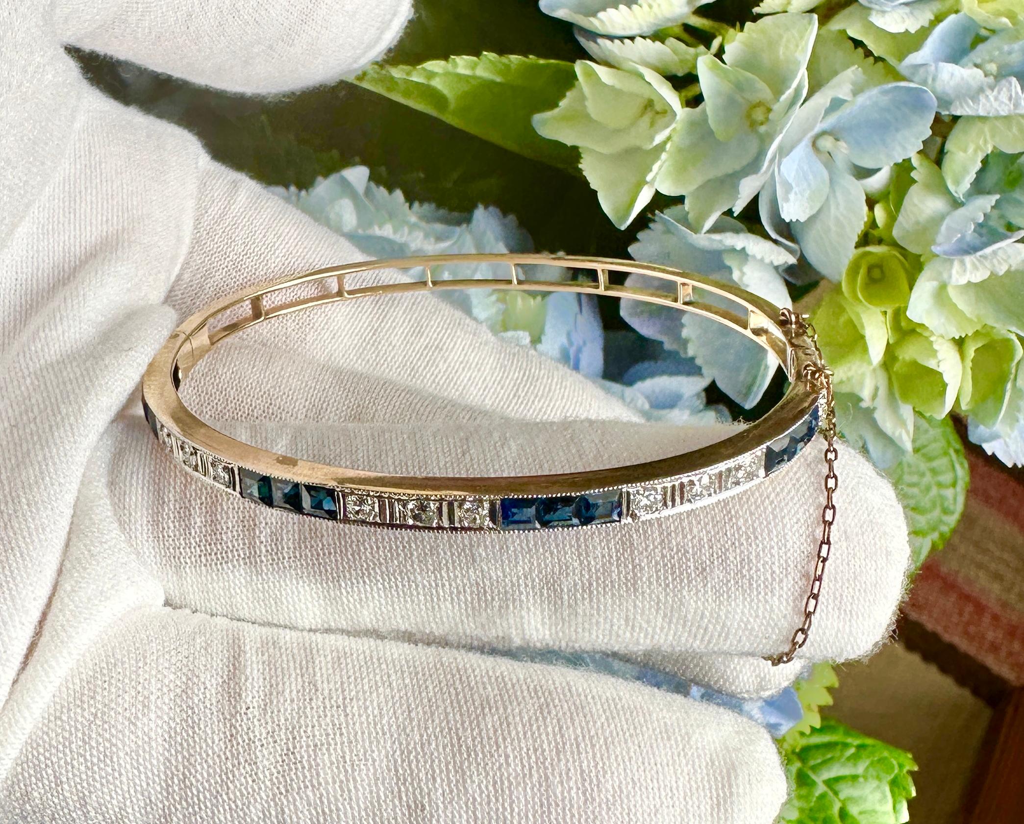 Art Deco Sapphire Old Mine Cut Diamond Bangle Bracelet Antique 14 Karat Gold In Excellent Condition For Sale In New York, NY