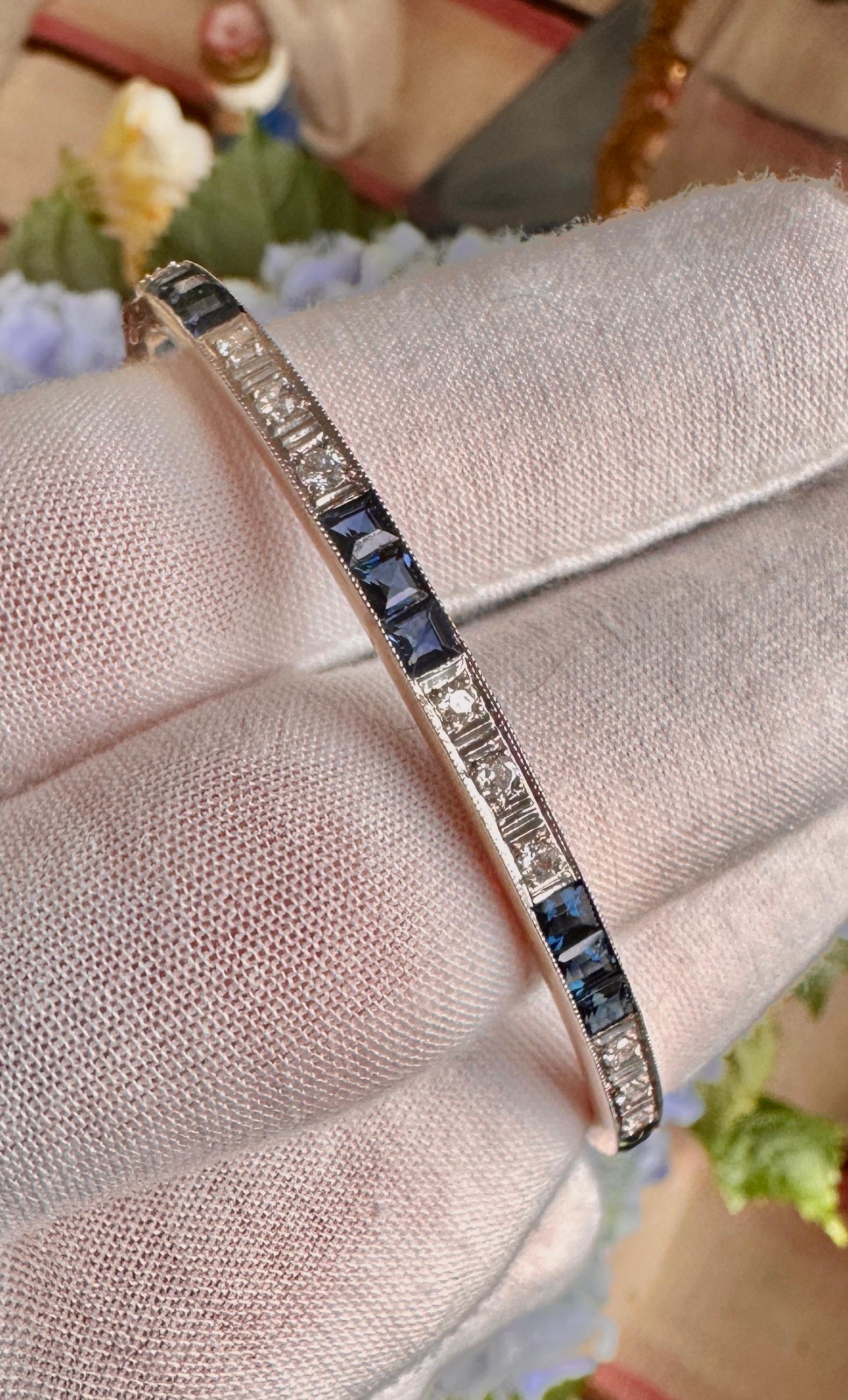 Women's Art Deco Sapphire Old Mine Cut Diamond Bangle Bracelet Antique 14 Karat Gold For Sale