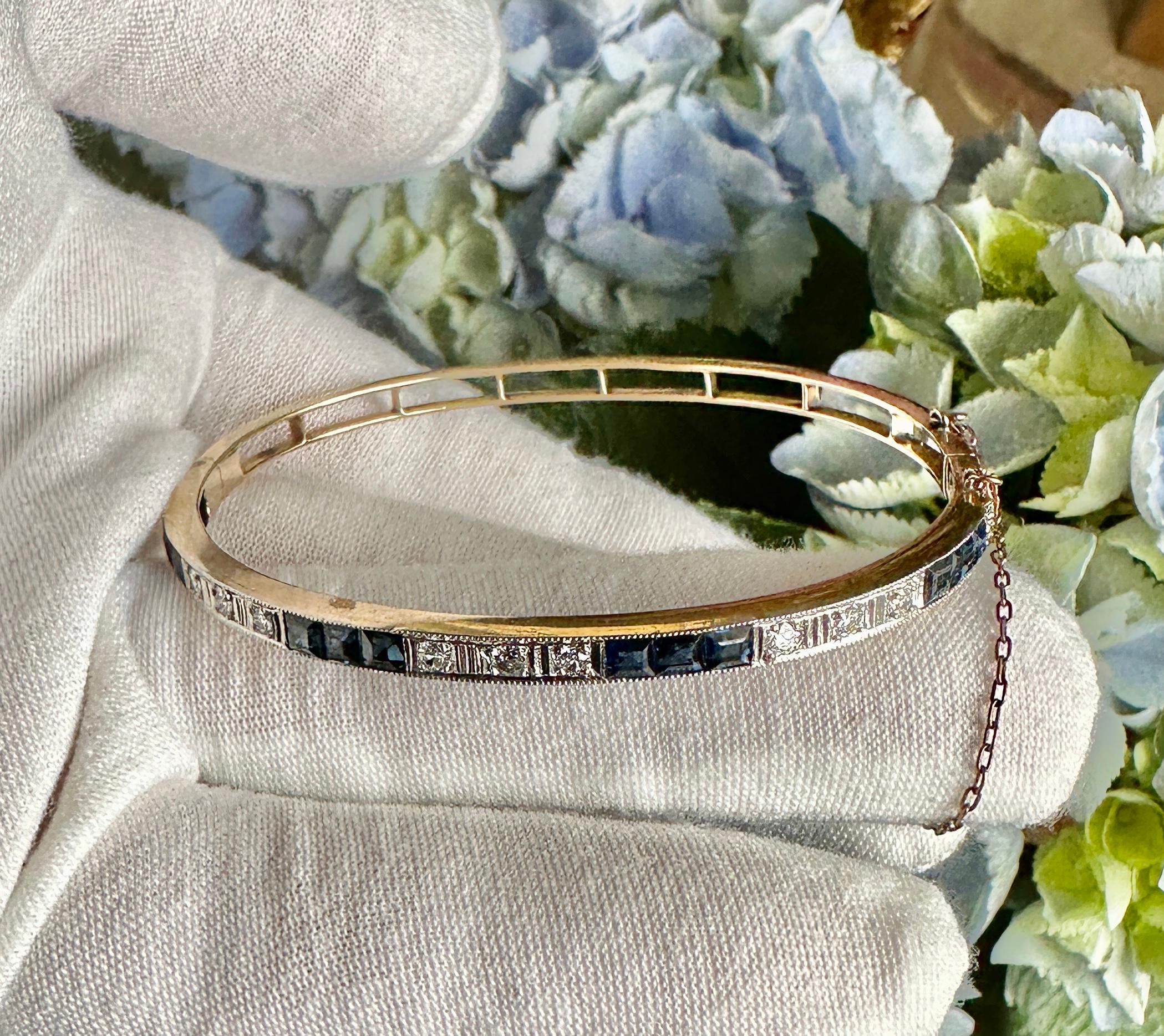 Women's Art Deco Sapphire Old Mine Cut Diamond Bangle Bracelet Antique 14 Karat Gold For Sale