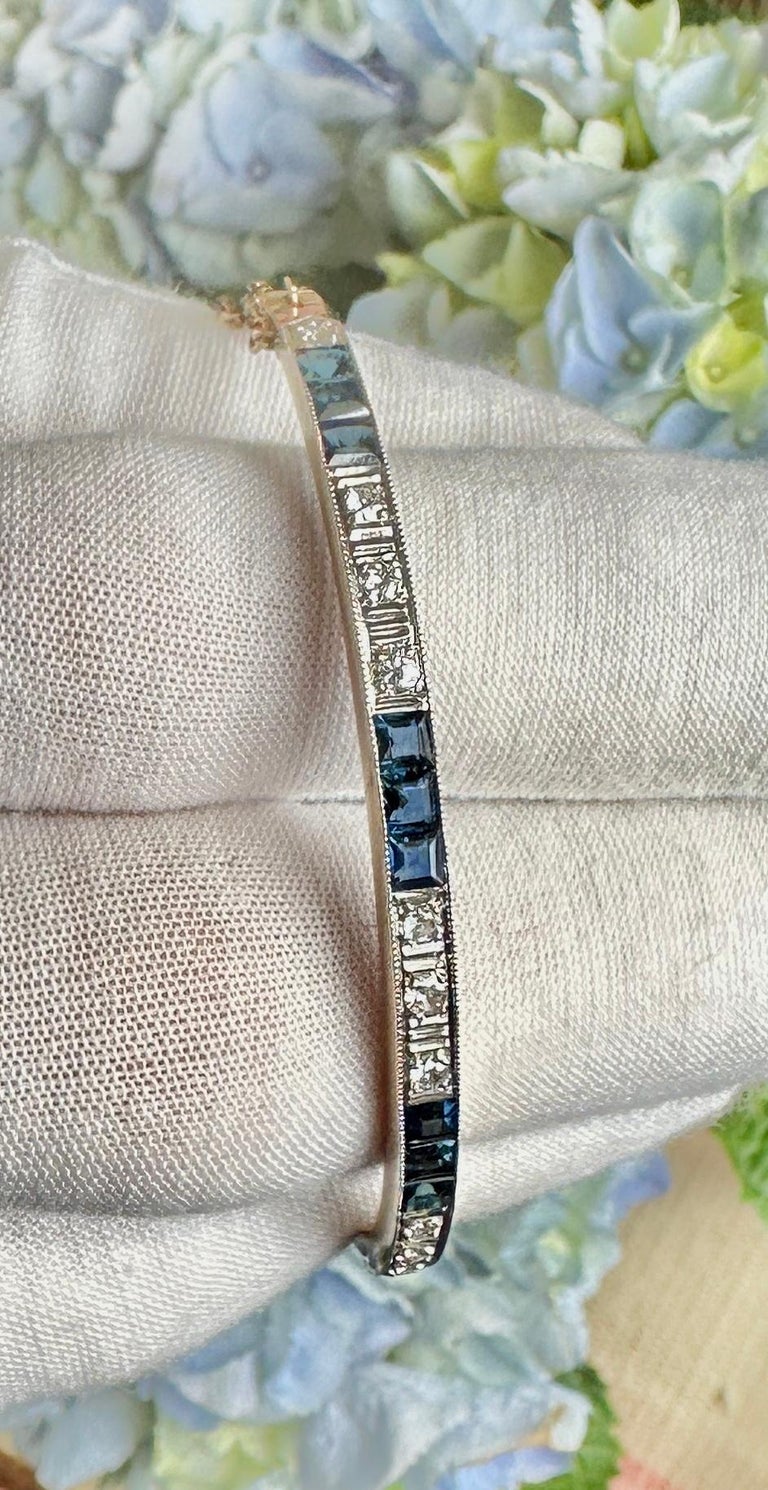 Bracelet Ancien Art Déco En Or 14k Massif Avec Saphir Synthétique Bleu - Occasion Bon état