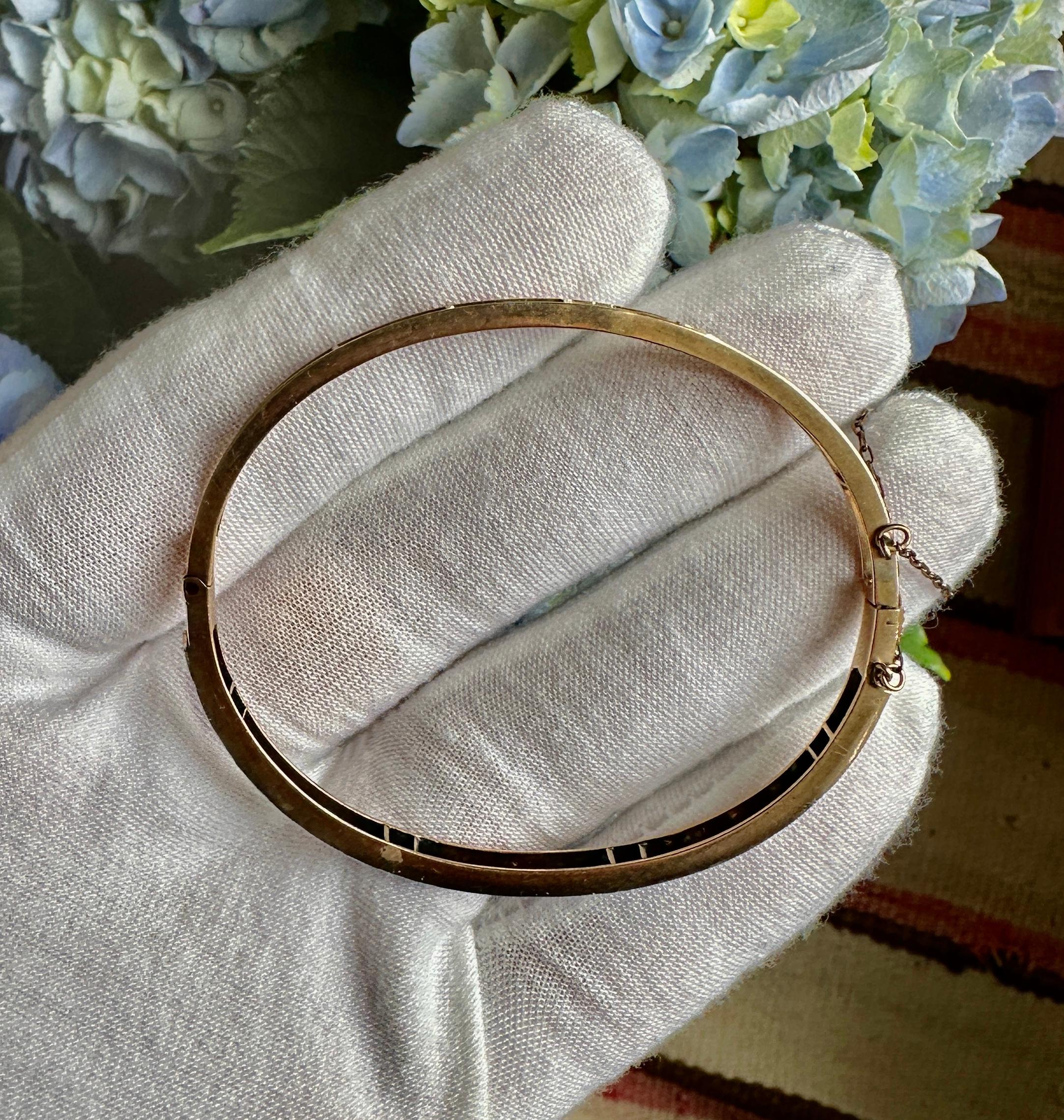 Art Deco Sapphire Old Mine Cut Diamond Bangle Bracelet Antique 14 Karat Gold For Sale 3