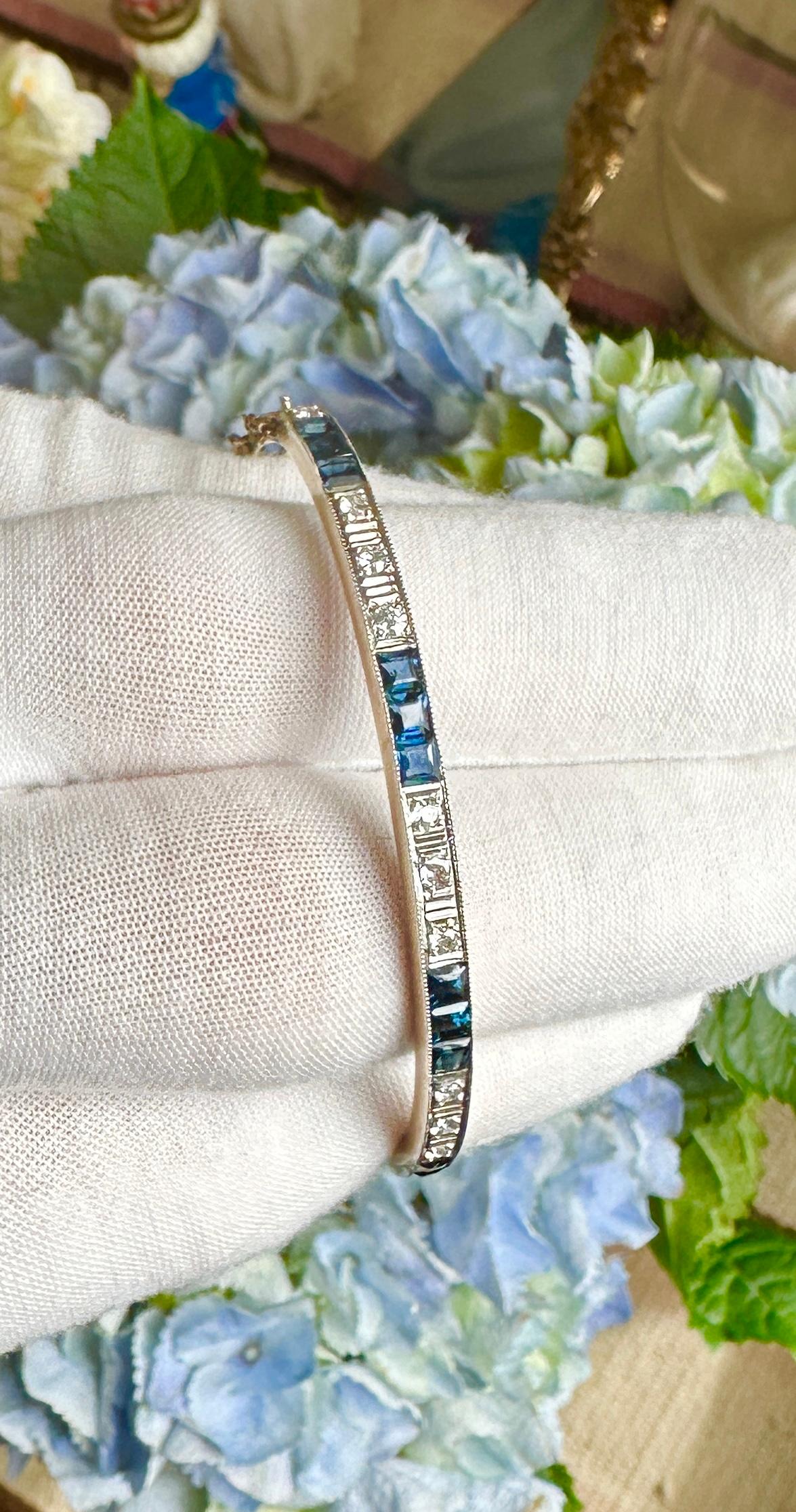 Art Deco Sapphire Old Mine Cut Diamond Bangle Bracelet Antique 14 Karat Gold For Sale 4