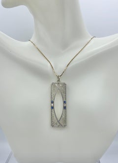 Art Deco Sapphire Old Mine Diamond Pendant Lavalier Necklace Filigree White Gold