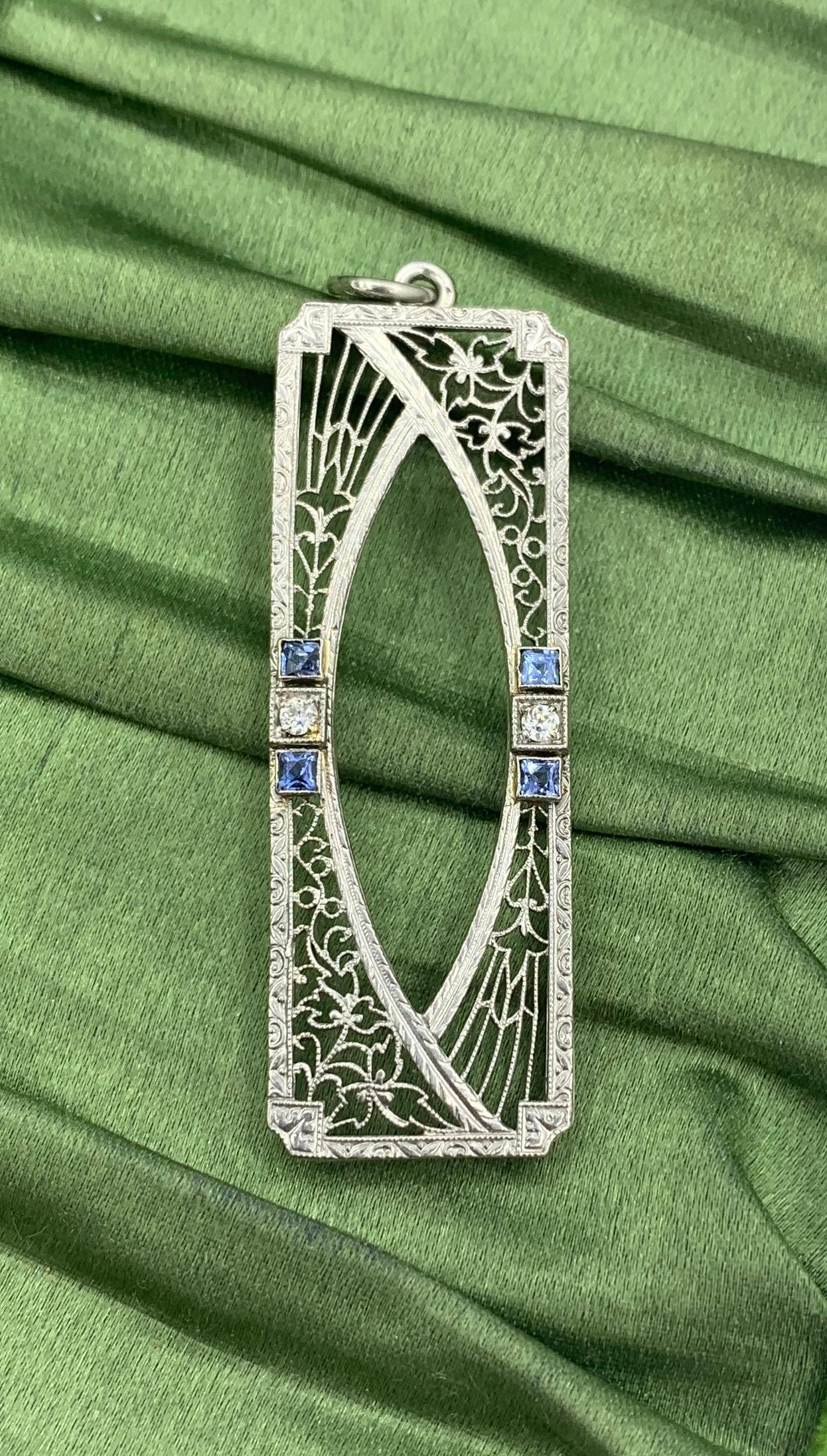 Square Cut Art Deco Sapphire Old Mine Diamond Pendant Lavalier Necklace Filigree White Gold For Sale
