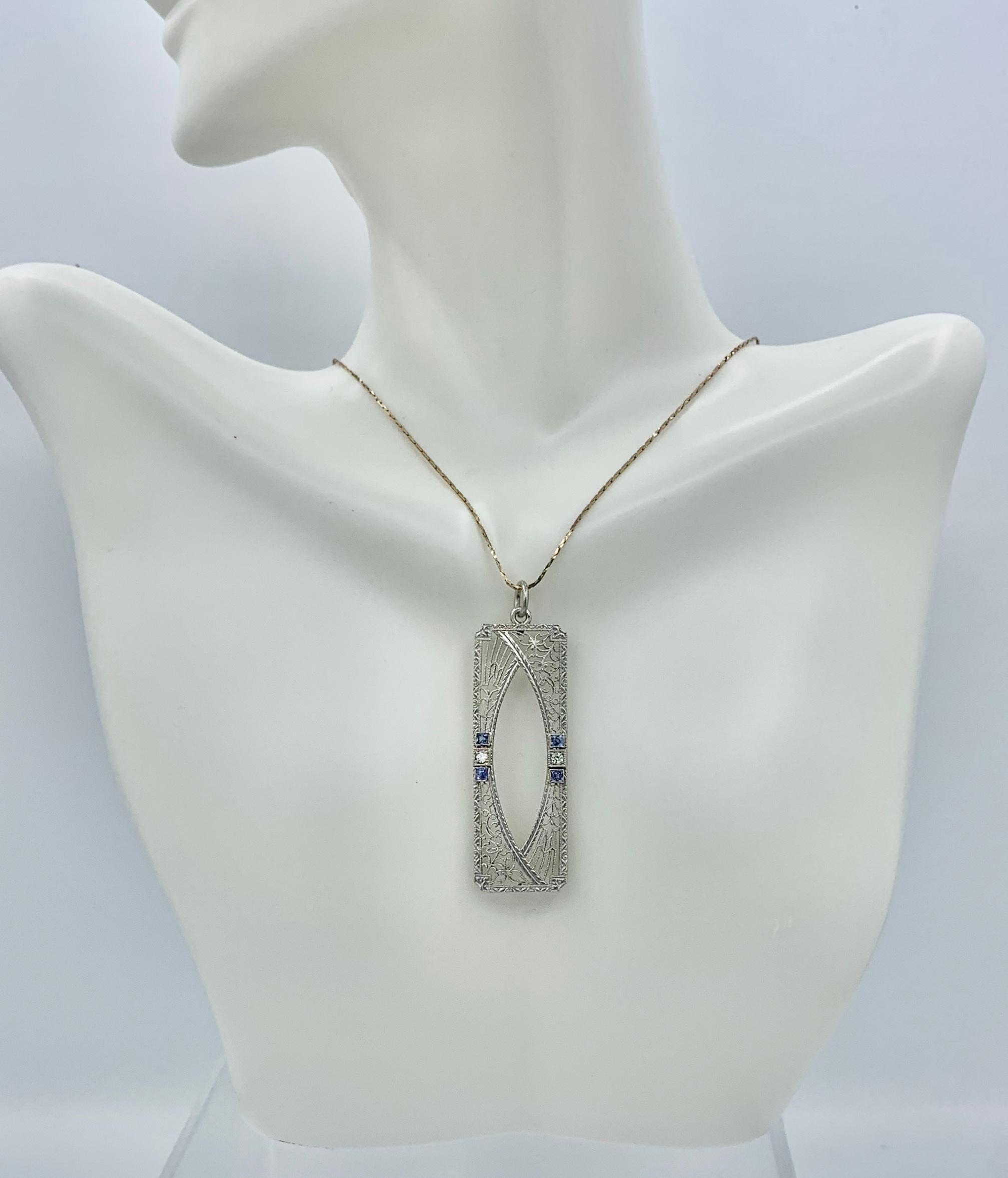 Women's Art Deco Sapphire Old Mine Diamond Pendant Lavalier Necklace Filigree White Gold For Sale