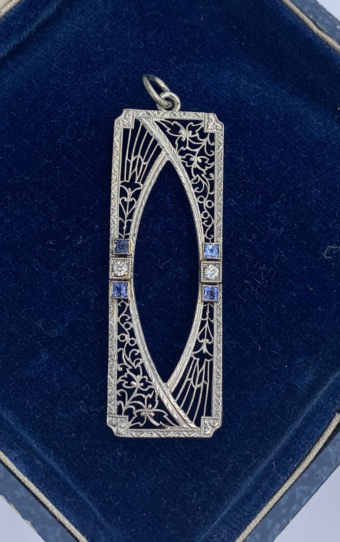 Art Deco Sapphire Old Mine Diamond Pendant Lavalier Necklace Filigree White Gold For Sale 1